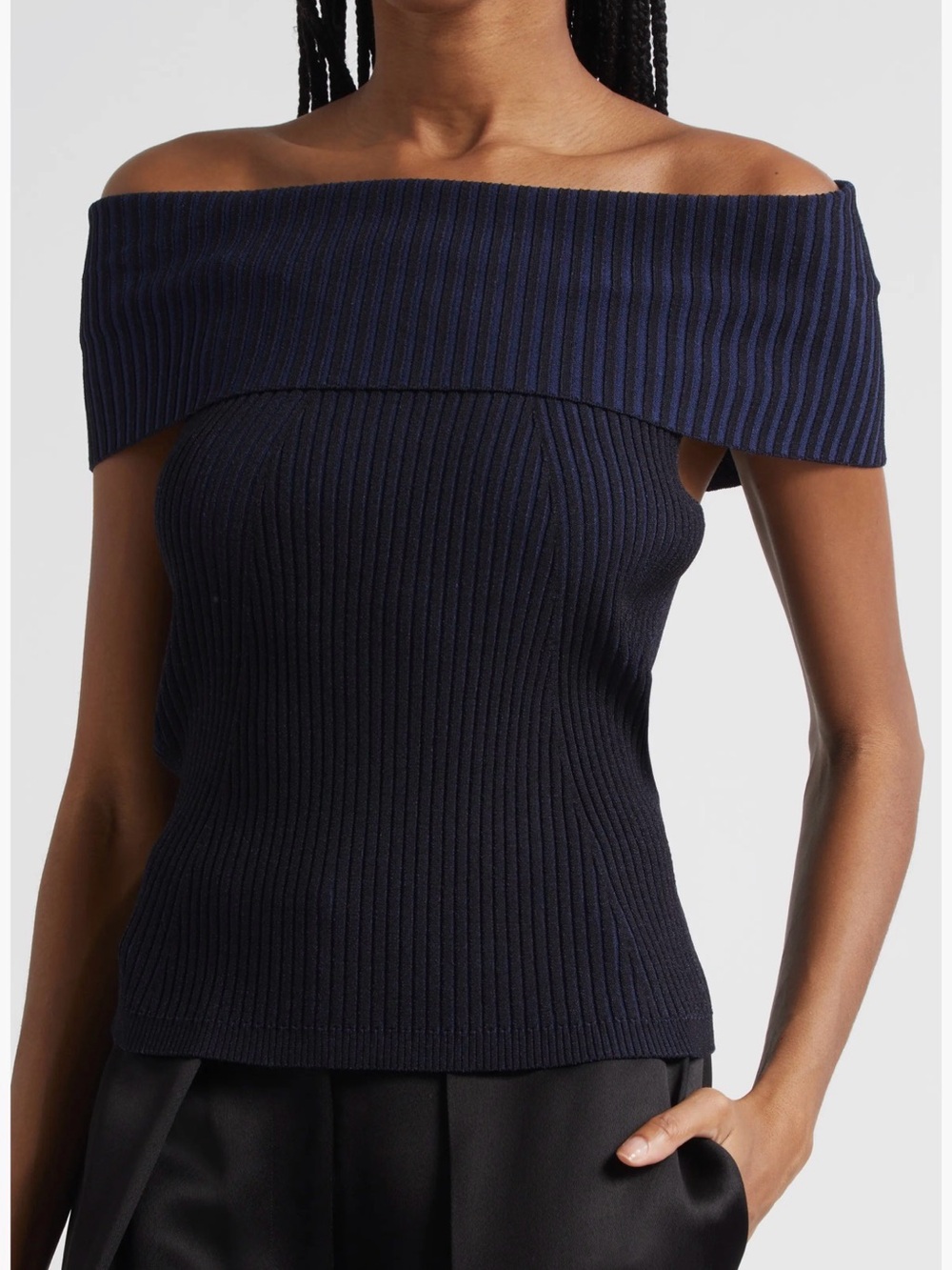 Ramy Brook LUKE navy blue and Black Ribbed Sleeveless Fold-Over Neck Top NWT new